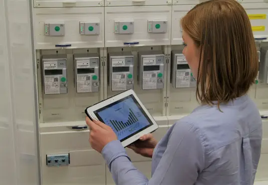 Frau misst Zählerstand und hält ein Tablet mit Statistik