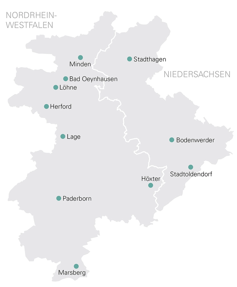 WWN Netzgebiet Karte Netzgebietskarte mit den Standorten der Westfalen Weser